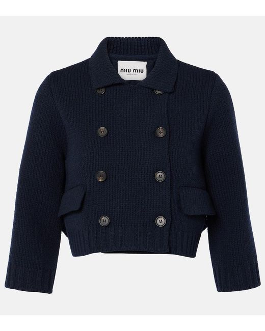 Miu Miu Blue Double-Breasted Cropped Wool Coat