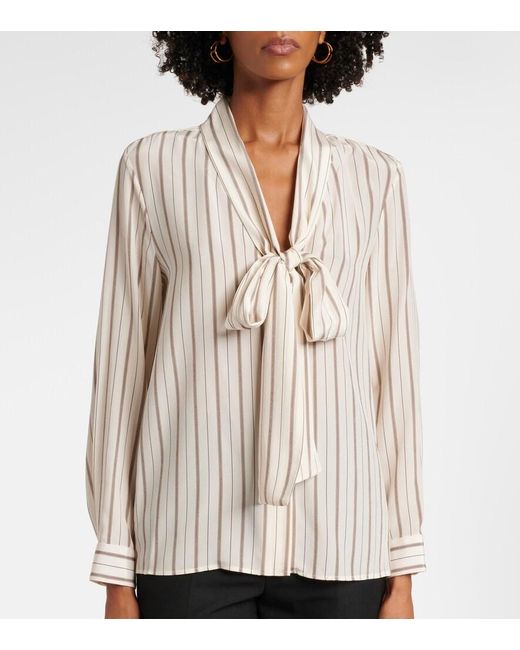 Nili Lotan Natural Angelique Tie-Neck Striped Silk Blouse