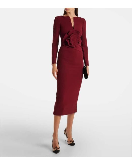 Roland Mouret Red Floral Wool Crepe Midi Dress