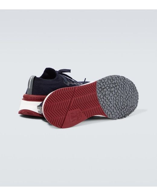 Brunello Cucinelli Blue Knitted Leather-Trimmed Sneakers for men
