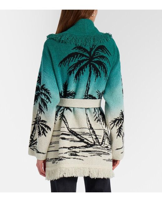 Alanui Green Wave Bloom Fringed Cotton-Blend Jacquard Cardigan