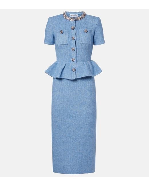 Self-Portrait Blue Embellished Knitted Midi Dress