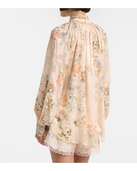 Camilla Natural Embellished Floral Tie-Neck Silk-Blend Blouse