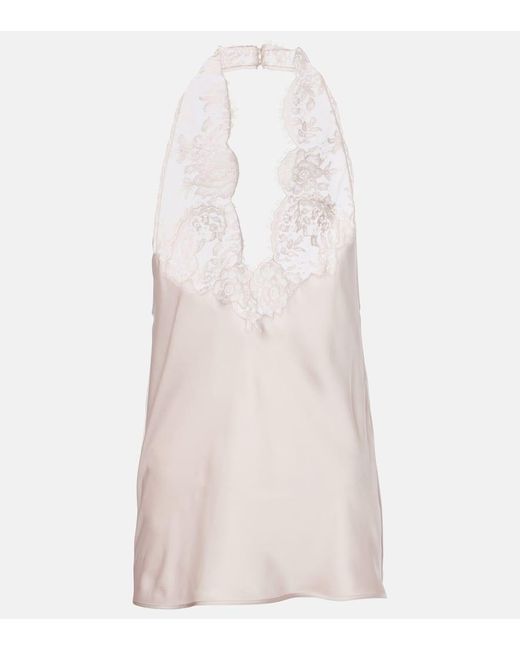 Saint Laurent Pink Lace-Trimmed Halterneck Silk Charmeuse Top