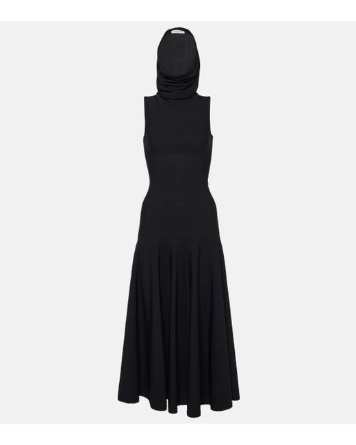 Alaïa Black Hooded Jersey Midi Dress