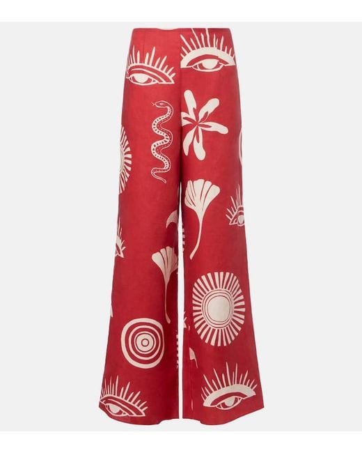 Cala De La Cruz Red Toya Printed Linen Wide-Leg Pants