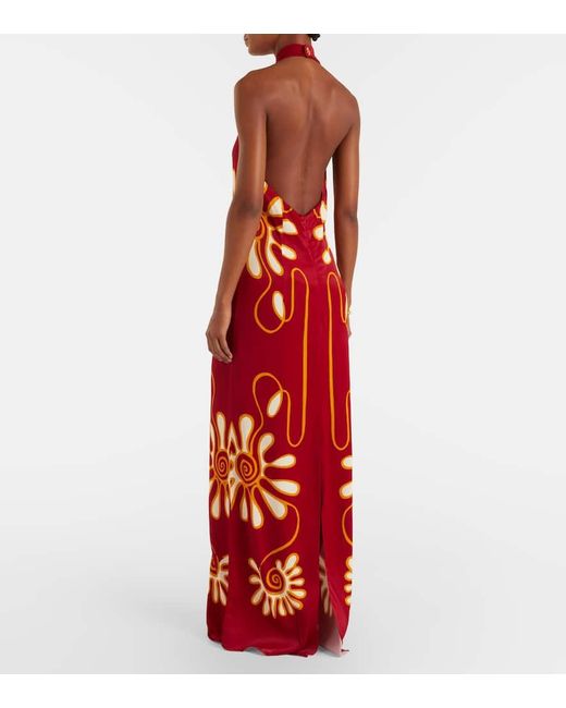 Cala De La Cruz Red Oliviera Printed Halterneck Maxi Dress