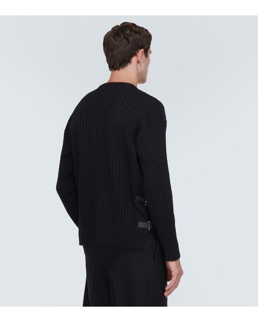 Versace Black Leather-Trimmed Knit Wool Sweater for men
