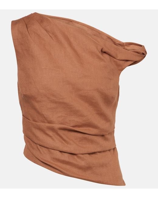 Sir Brown Asymmetric Draped Linen Top