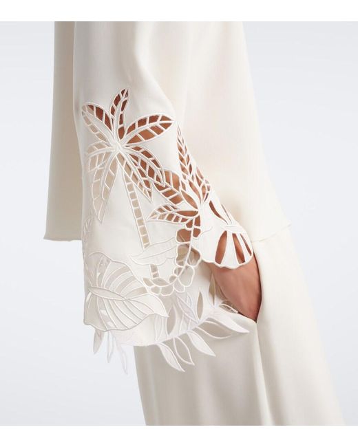 Oscar de la Renta White Embroidered Silk-Blend Georgette Blouse