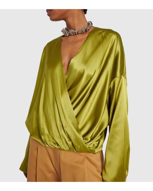 Dries Van Noten Green Draped Silk-Blend Satin Blouse