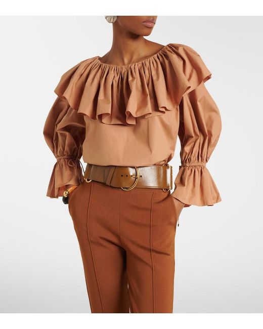 Chloé Brown Ruffled Cotton Poplin Blouse