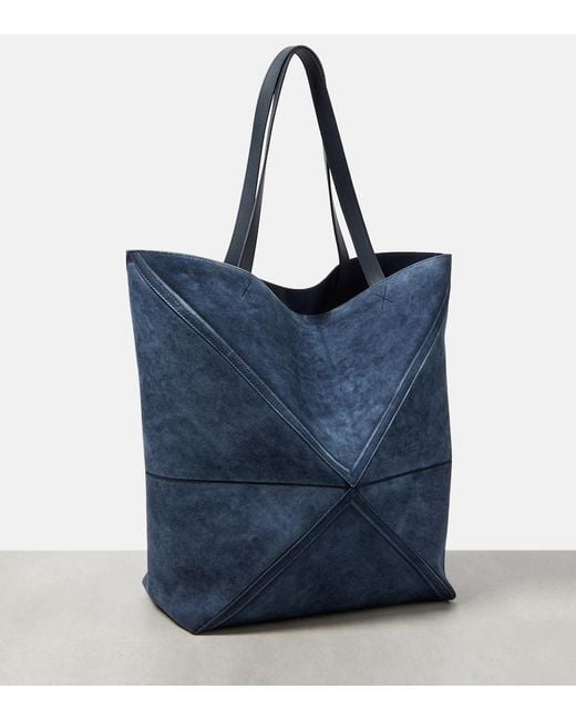Loewe Blue Puzzle Fold Large Suede Tote Bag