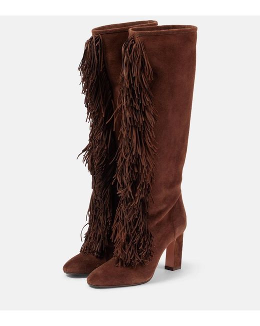 Aquazzura Brown Gytane 85 Fringed Suede Knee-High Boots