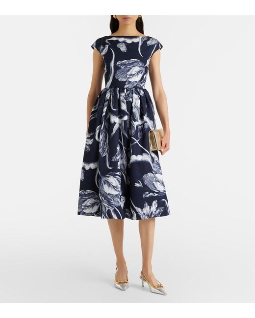 Erdem Blue Floral Cotton-Blend Faille Midi Dress