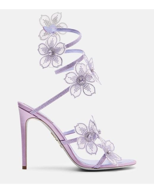 Rene Caovilla Purple Floriane Floral-Applique Satin Sandals