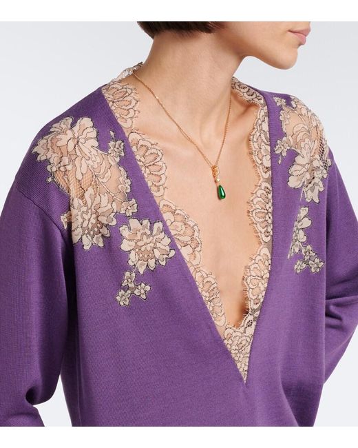 Valentino Purple Lace-Trimmed Virgin Wool Sweater