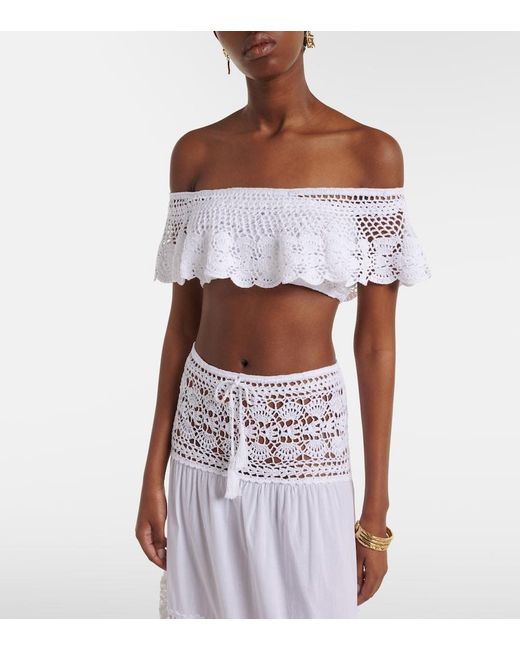 Anna Kosturova White Crochet Off-Shoulder Cotton Crop Top