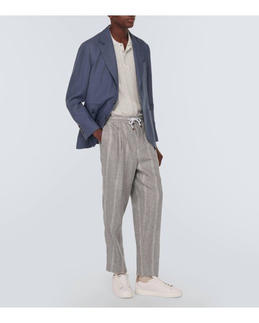Pantalon droit raye en lin, laine et soie melanges Brunello Cucinelli pour homme en coloris Gray