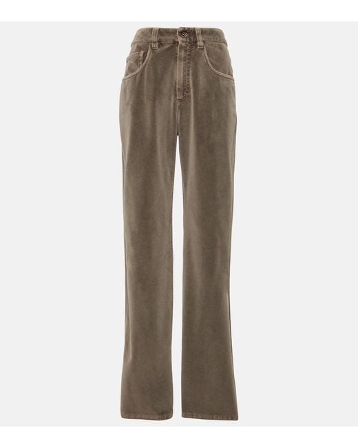 Brunello Cucinelli Gray Mid-Rise Cotton Velvet Straight Pants