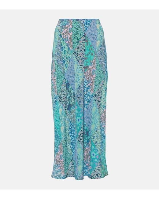 Rixo Blue Ardith Patchwork Silk Midi Skirt