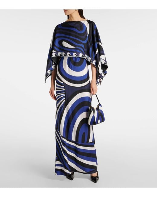 Emilio Pucci Blue Iride Silk Twill Slip Dress And Cape