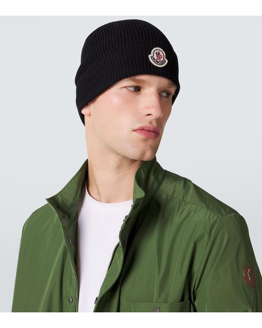 Moncler Black Ribbed-Knit Virgin Wool Beanie for men
