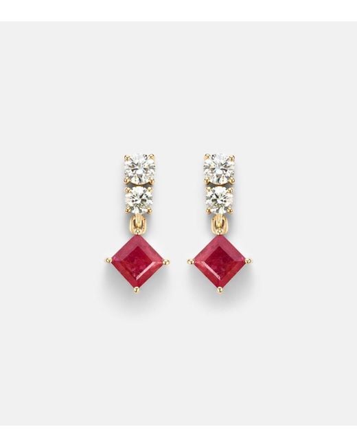 STONE AND STRAND Red 14Kt Earrings With Diamonds, Sapphire, And Ruby