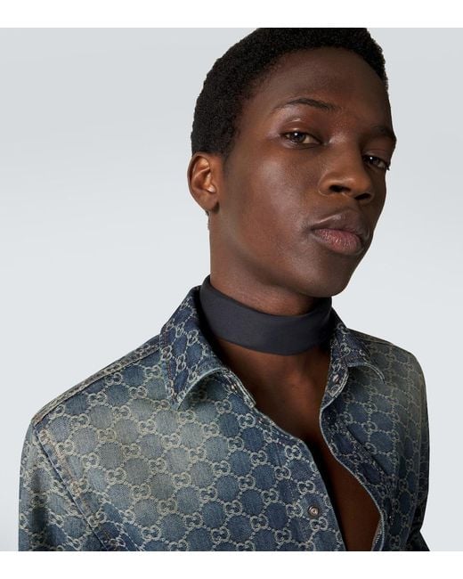Gucci Blue Web Stripe Cotton And Silk Scarf for men