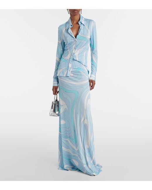 Emilio Pucci Blue Marmo High-Rise Satin Jersey Maxi Skirt