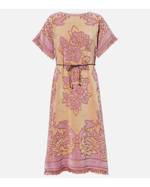 Zimmermann Pink Aster Floral Fringed Cotton Terry Midi Dress