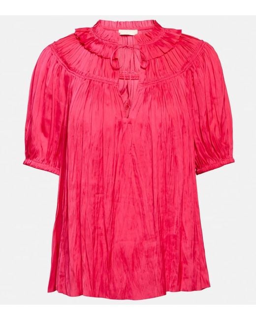 Ulla Johnson Pink Eleni Plissé Satin Top