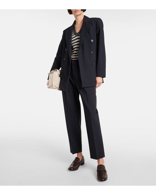 Brunello Cucinelli Blue Double-Breasted Wool-Blend Blazer