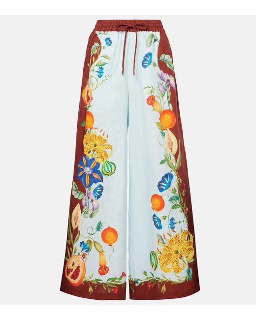ALÉMAIS Blue Dahlia Floral Linen Wide-Leg Pants