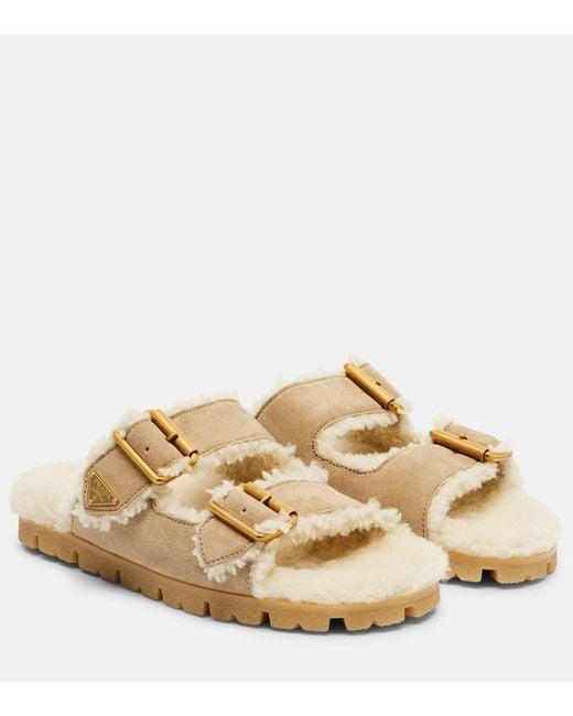 Prada Metallic Shearling-Lined Suede Sandals