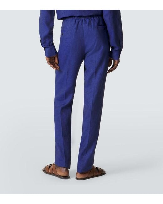 Rubinacci Blue Linen Tapered Pants for men