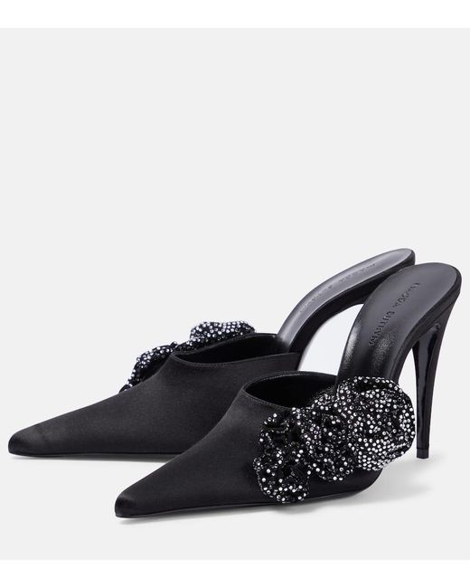 Magda Butrym Black Floral-Applique Embellished Satin Mules