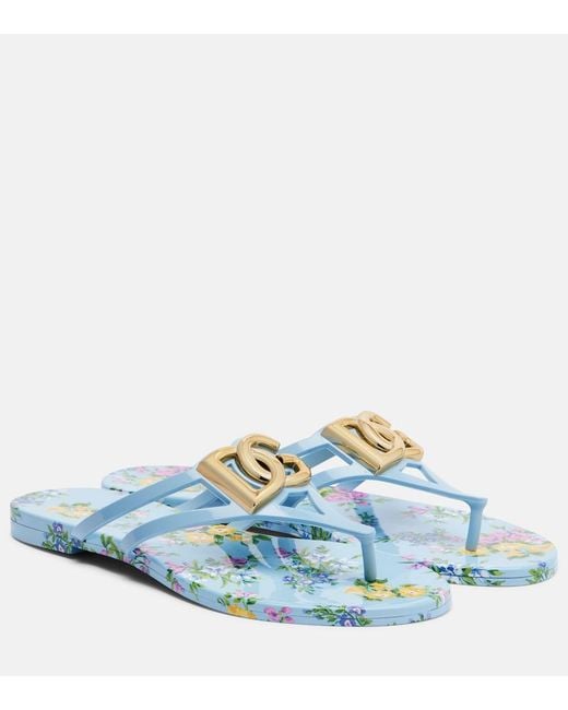 Dolce & Gabbana Blue Floral Thong Sandals
