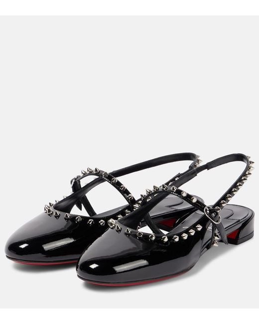 Christian Louboutin Black Sweet Janispikes Patent Slingback Flat