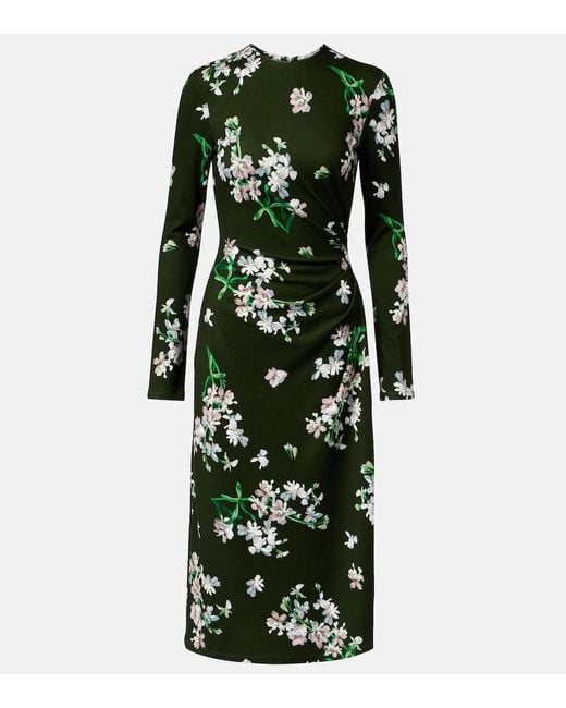 Erdem Green Draped Floral Midi Dress