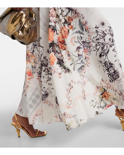 Vestido largo de lino y seda floral Camilla de color Natural