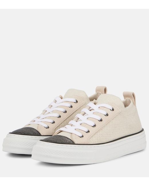 Brunello Cucinelli White Monili Suede-Trimmed Low-Top Sneakers
