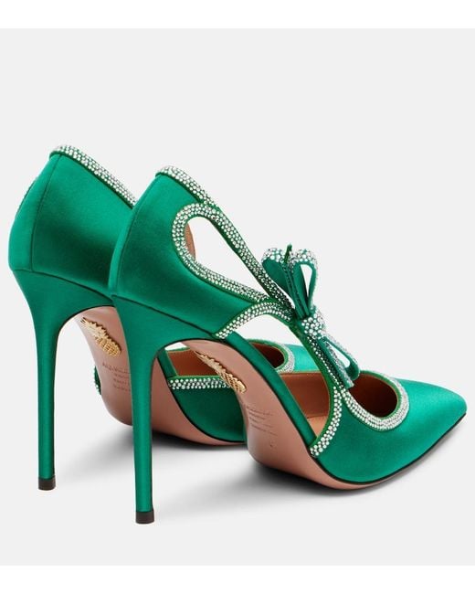Aquazzura Green Soave Crystal 105 Bow-Detail Satin Pumps