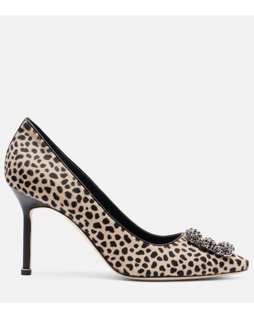 Manolo Blahnik Black Hangisi 90 Leopard-Print Calf Hair Pumps