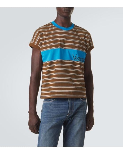 Versace Blue Logo Striped Cotton T-Shirt for men