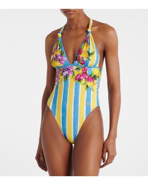 Dolce & Gabbana Blue Printed Halterneck Swimsuit