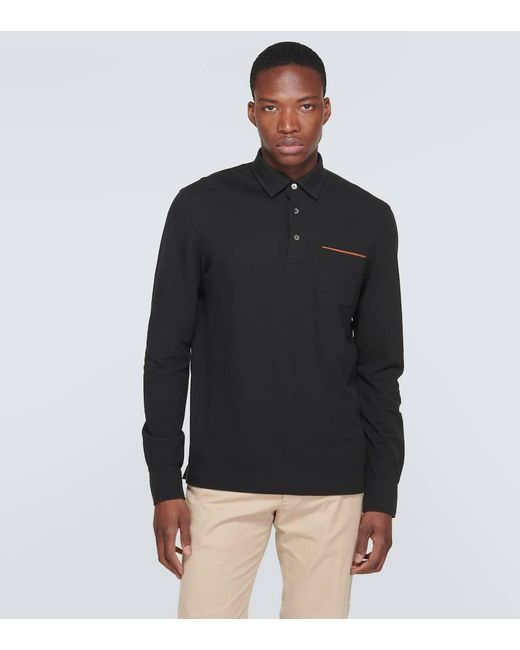 Zegna Black Long-sleeved Cotton Pique Polo Shirt for men