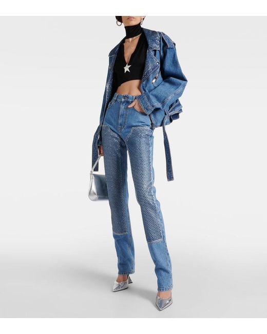 Area Blue Crystal Embellished High Waist Straight Leg Jeans