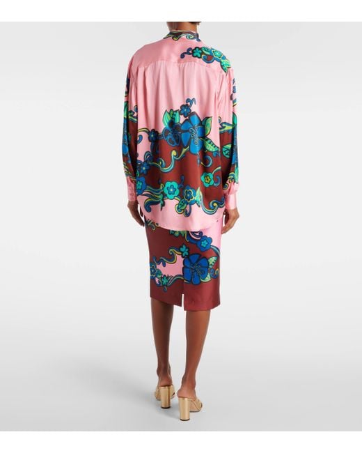 ALÉMAIS Blue Floral Puff-sleeve Silk Satin Shirt