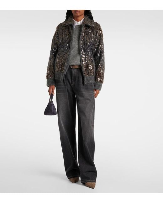 Brunello Cucinelli Black Sequined Mohair-Blend Zip-Up Sweater